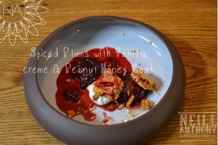 You are currently viewing Neill Anthony’s spiced plums with vanilla creme and peanut honeycomb