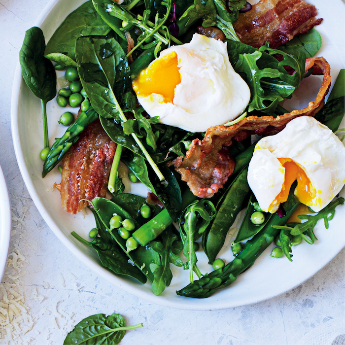 You are currently viewing Pea, poached-egg, asparagus, bacon and baby spinach salad