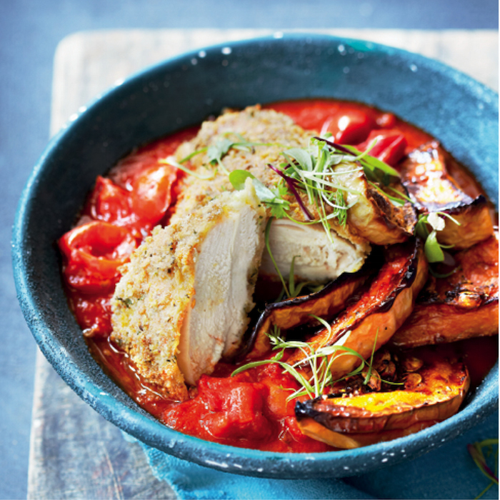 Read more about the article Crumbed chicken, butternut wedges and tomato sauce