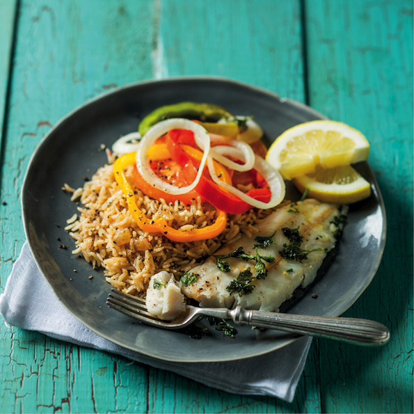 Baked fish with peppers and savoury rice