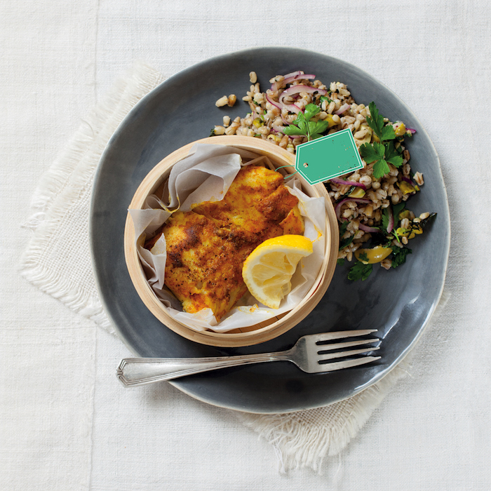 You are currently viewing Spiced fish with barley and olive salad