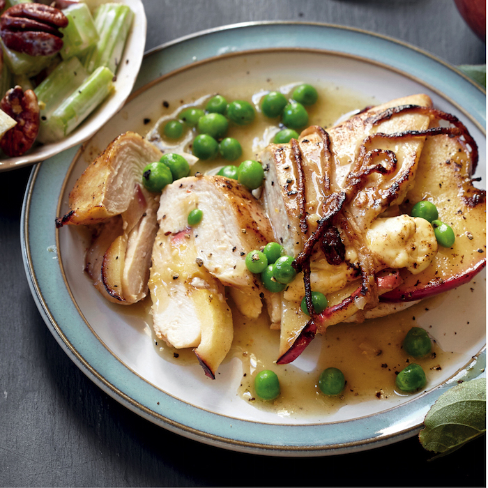 You are currently viewing Apple-stuffed roast chicken with cider and pea sauce