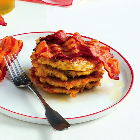 Barley buttermilk pancake stacks with bacon