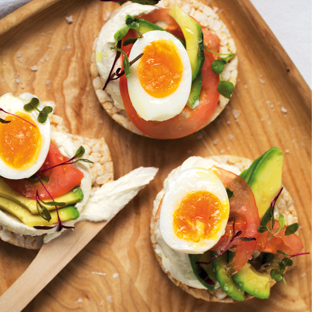 Egg, avo and tomato rice cake stacks MyKitchen