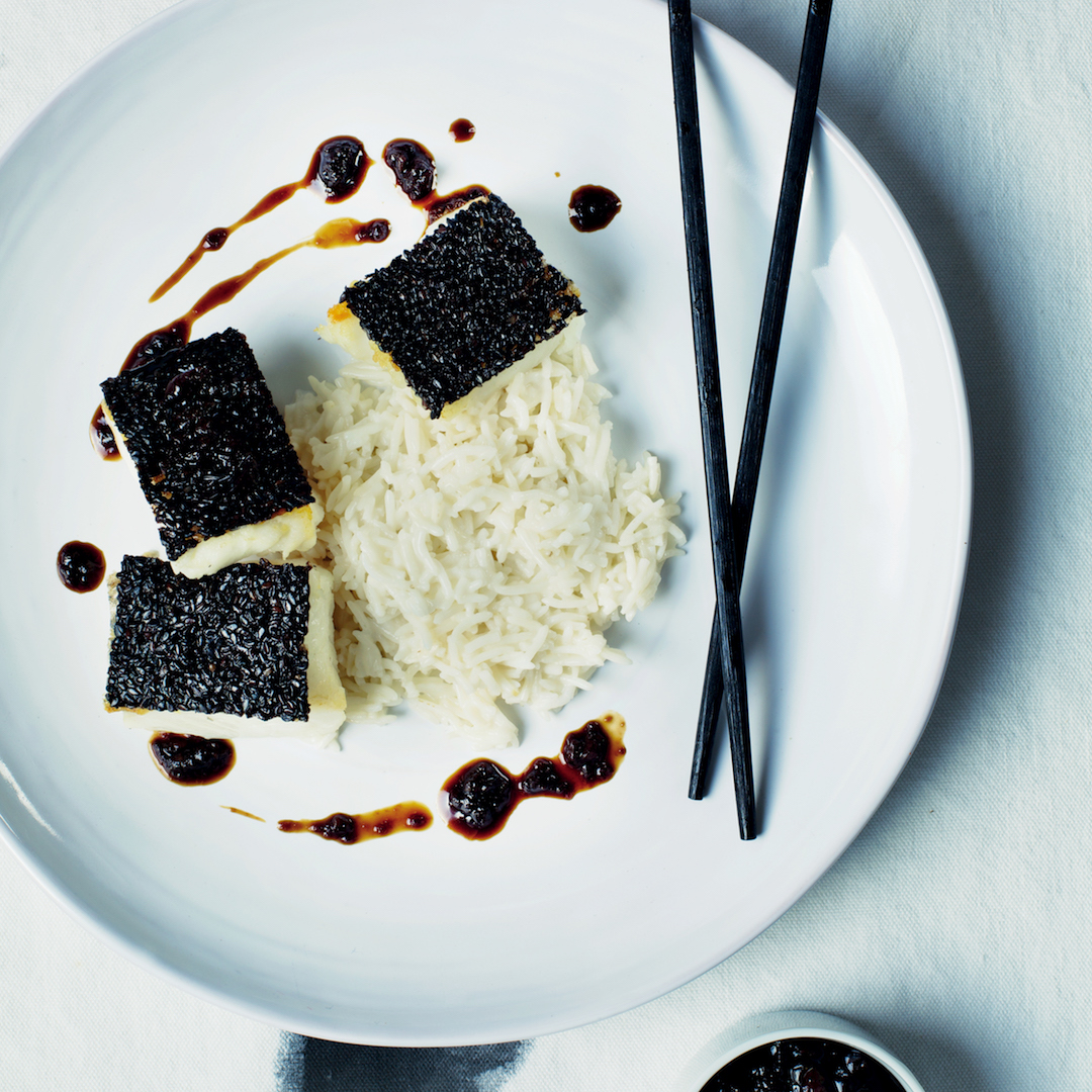 Read more about the article Black-sesame-crusted fish with coconut rice and crushed olive glaze