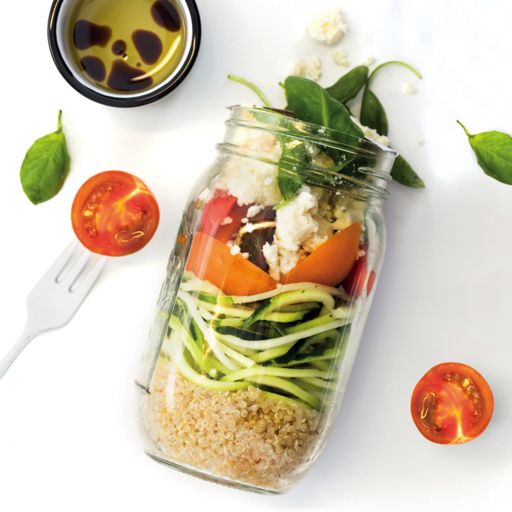 Zoodle and quinoa caprese salad jar