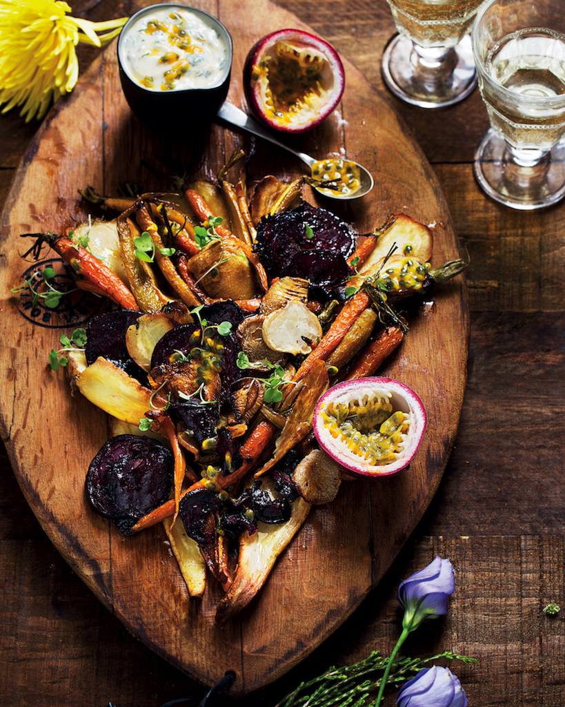 Read more about the article Roast carrot salad with beetroot, parsnips and granadilla tzatziki
