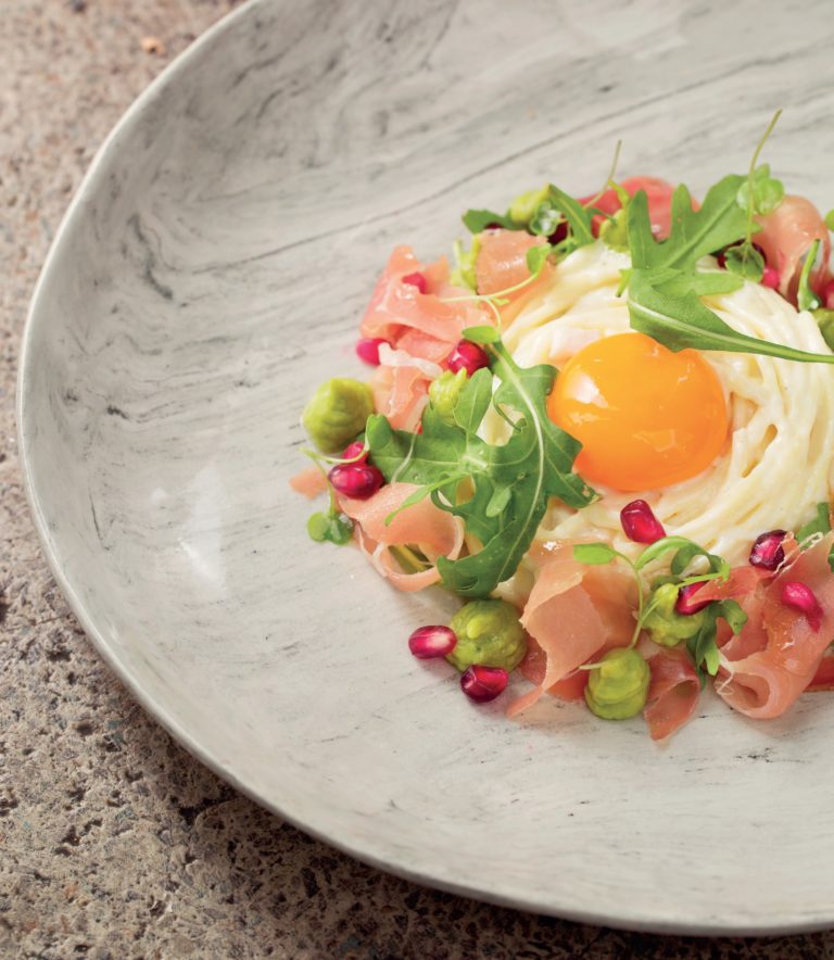 Spaghetti carbonara with prosciutto, avocado and rocket MyKitchen