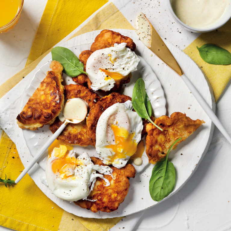 Corn fritter eggs Benedict MyKitchen