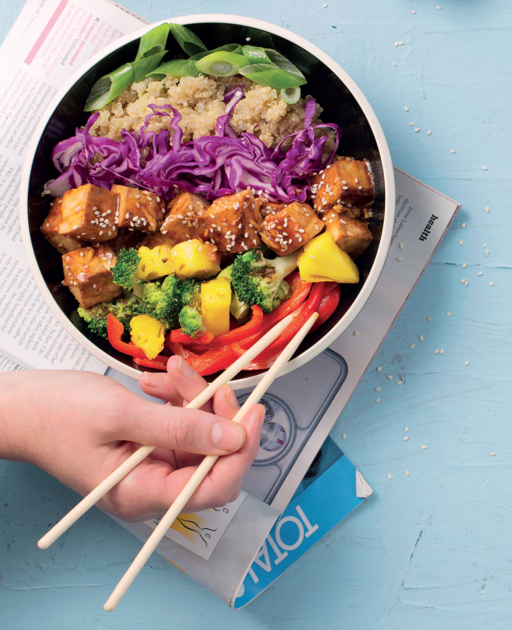 You are currently viewing Korean barbecue tofu bowl with stir-fried veg and quinoa