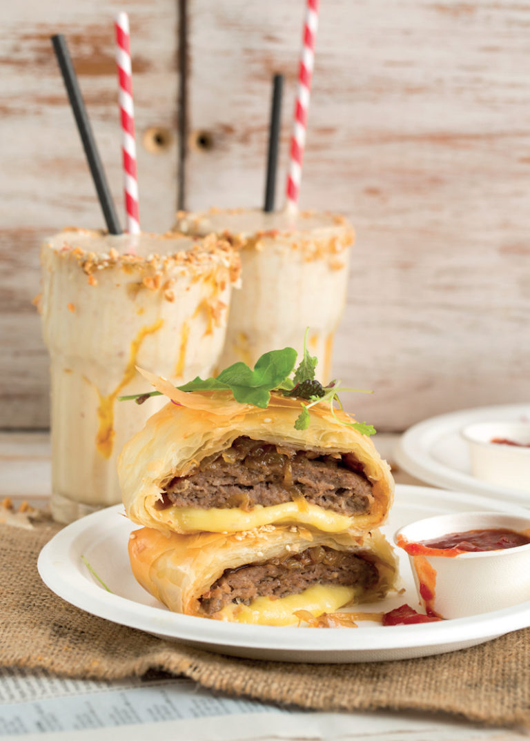 Phyllo cheeseburgers and spiked shakes