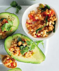 Avocados stuffed with curried samp and beans