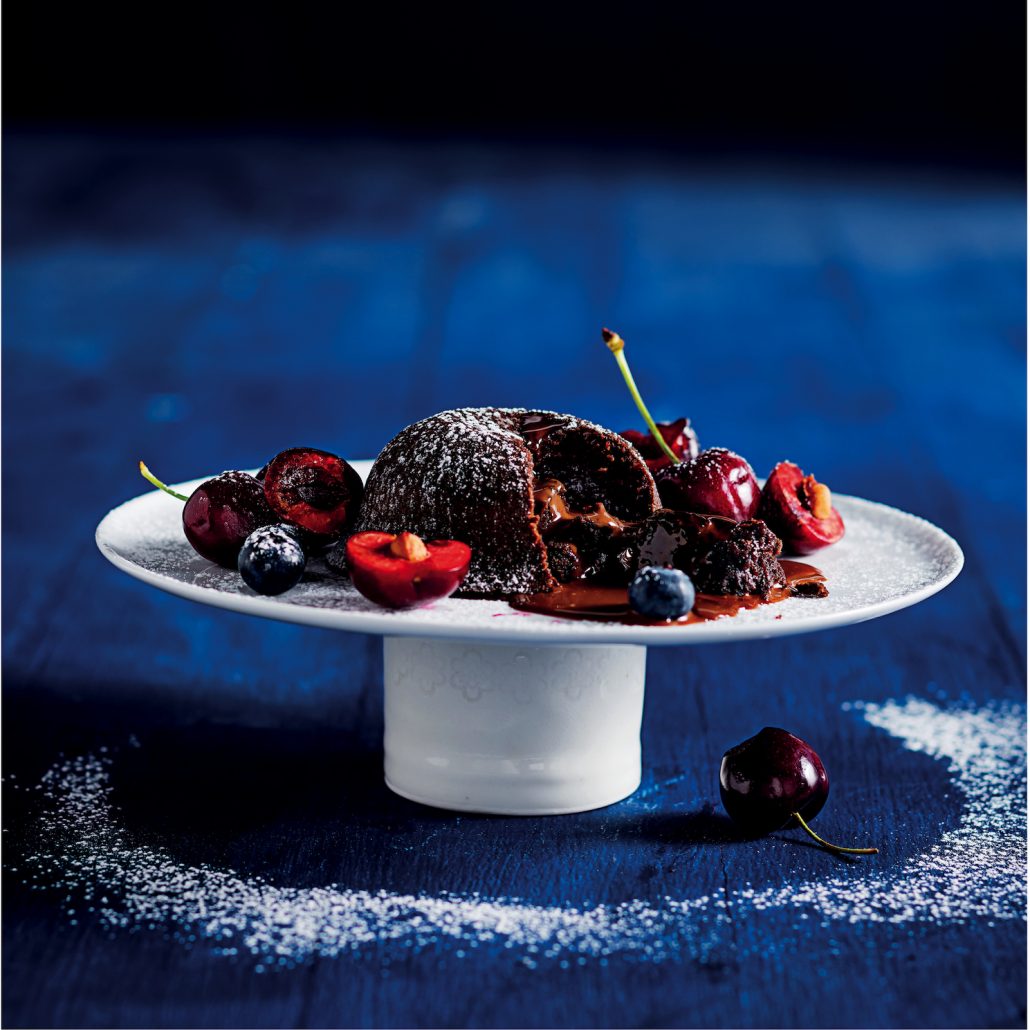 Chocolate lava cakes topped with cherries MyKitchen