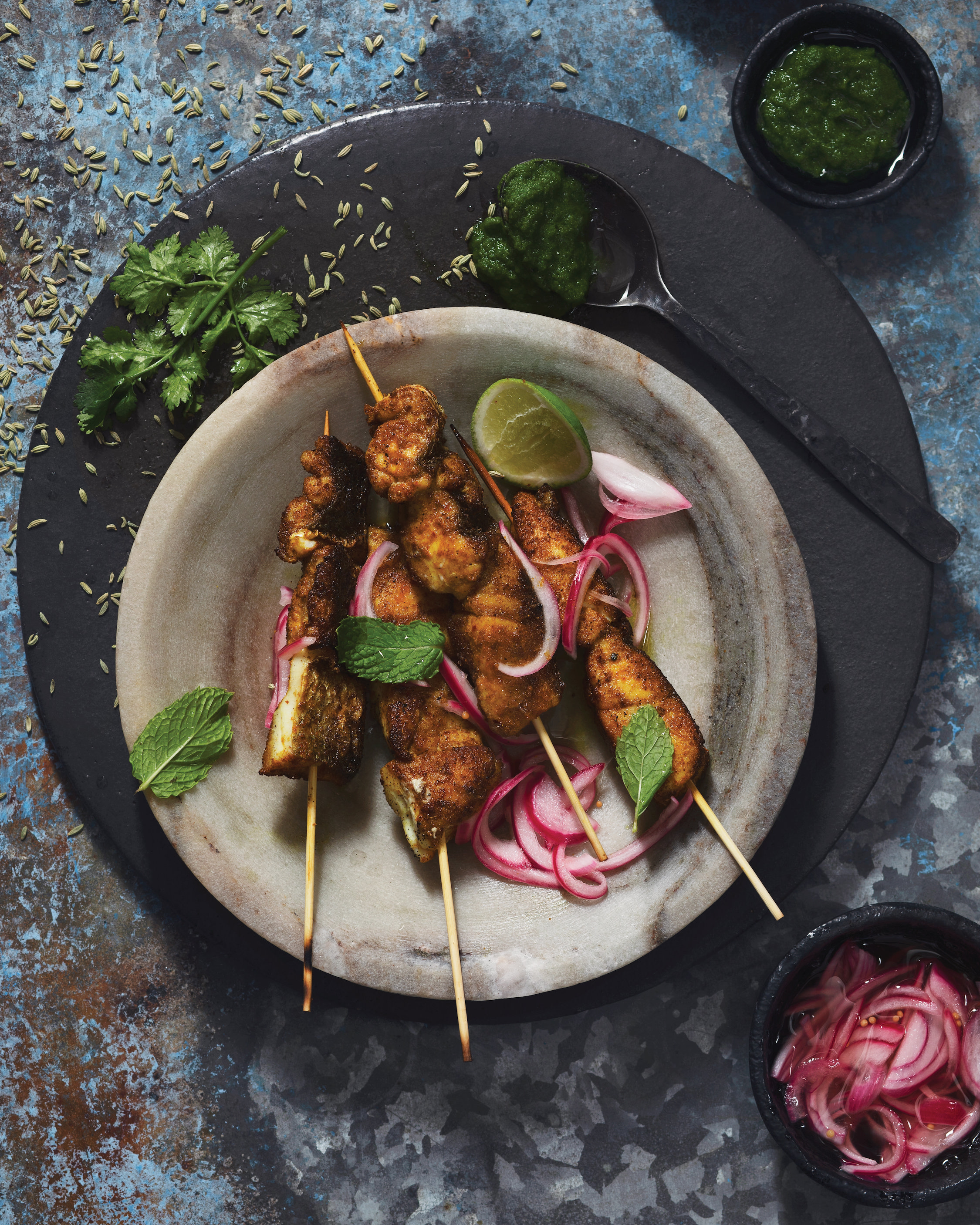 Read more about the article Spiced fish kebabs with chutney and pickled onion