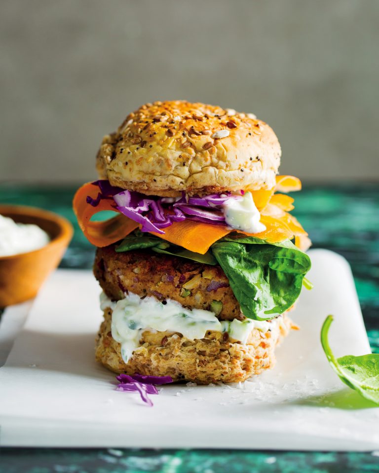 Rice and red kidney bean burgers with cucumbergarlic yoghurt