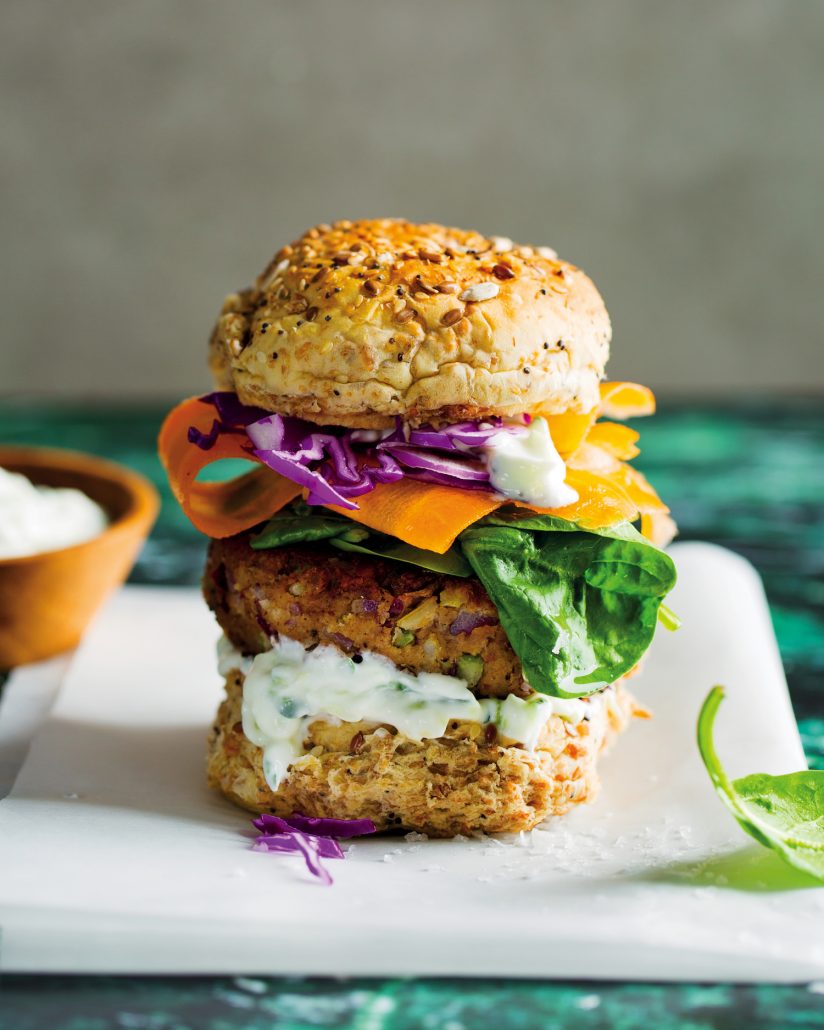 Rice and red kidney bean burgers with cucumber-garlic yoghurt
