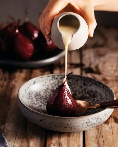 Read more about the article Red wine poached pears with vanilla custard
