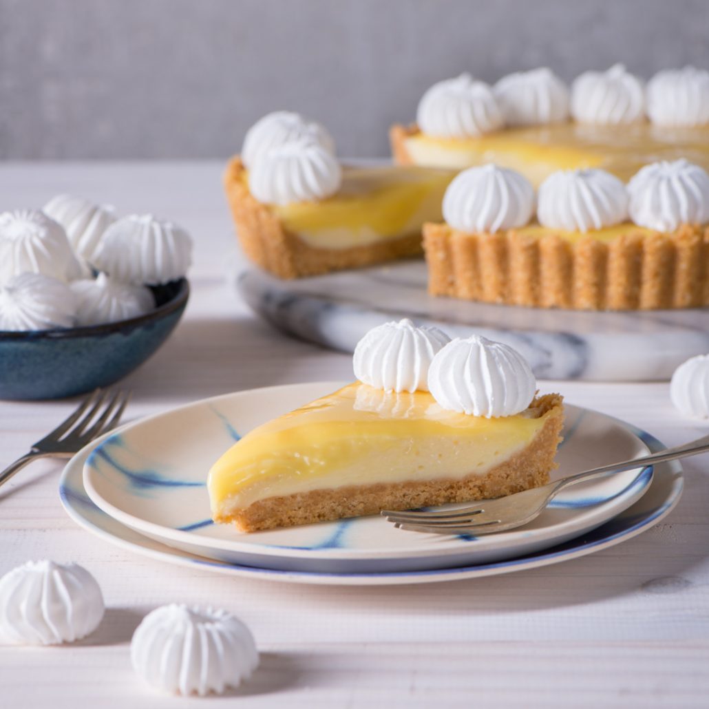 Lemon milk tart meringue pie with lemon curd drizzle - MyKitchen