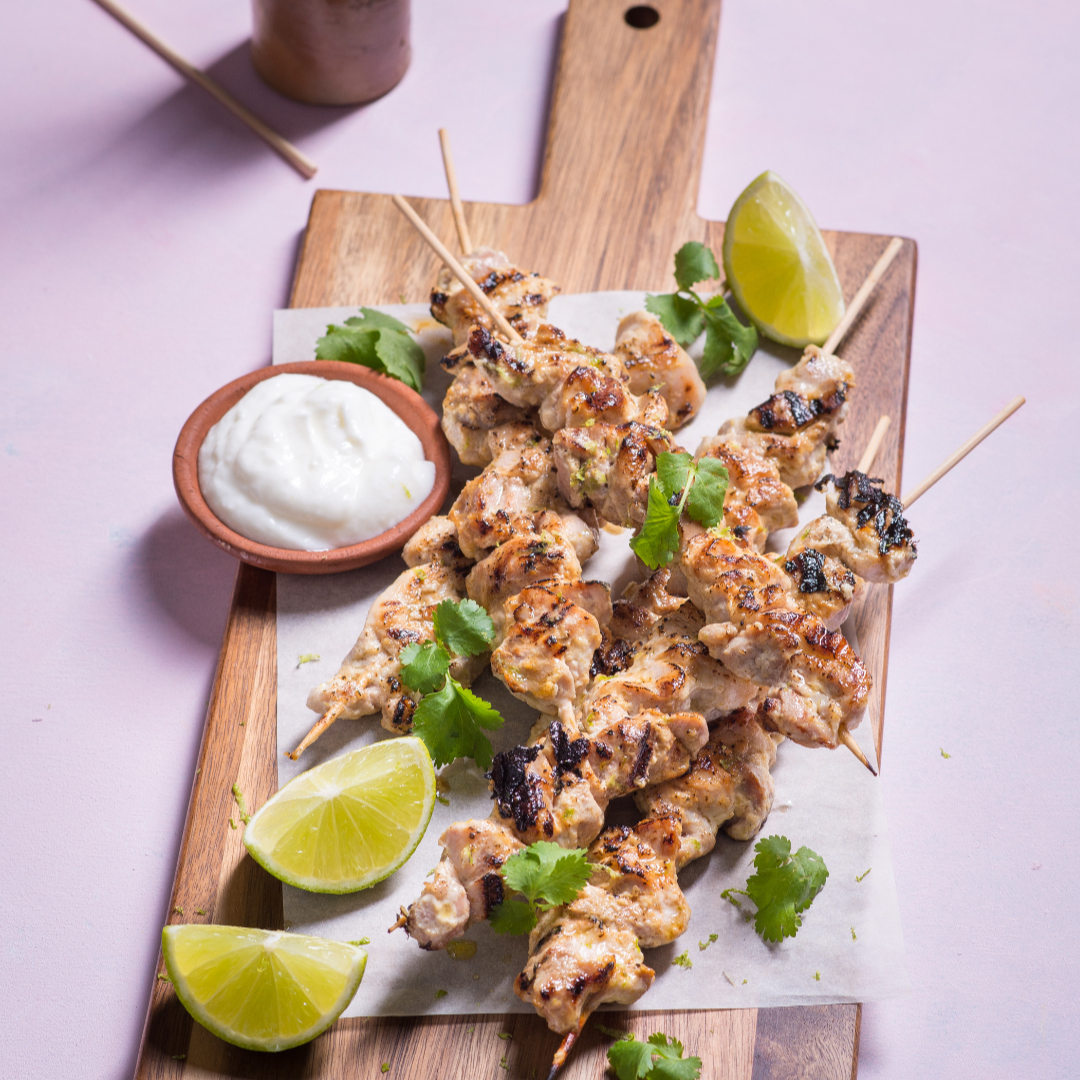 You are currently viewing Spicy coconut yoghurt and lime-marinated chicken skewers 