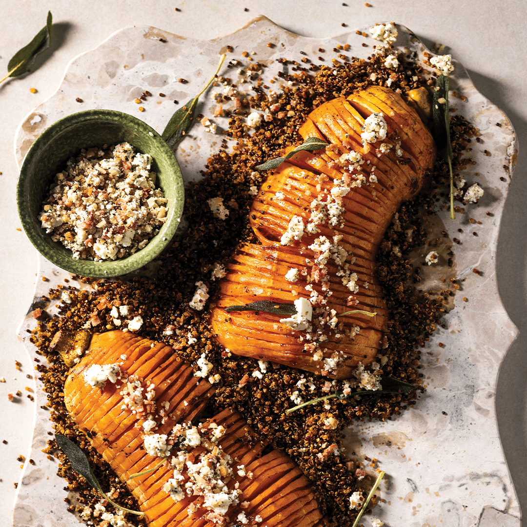 You are currently viewing Hasselback butternut on a bed of crispy quinoa 